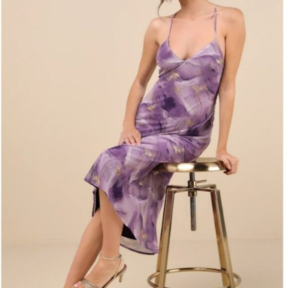 Lulus Bright Charm Purple Abstract Print Chiffon Slip Midi Dress - Size M - Picture 5 of 5